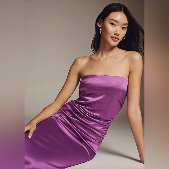 BHLDN Selena Strapless Stretch Satin‎ Slip Ruched Midi Dress Purple Size Medium - Picture 3 of 15